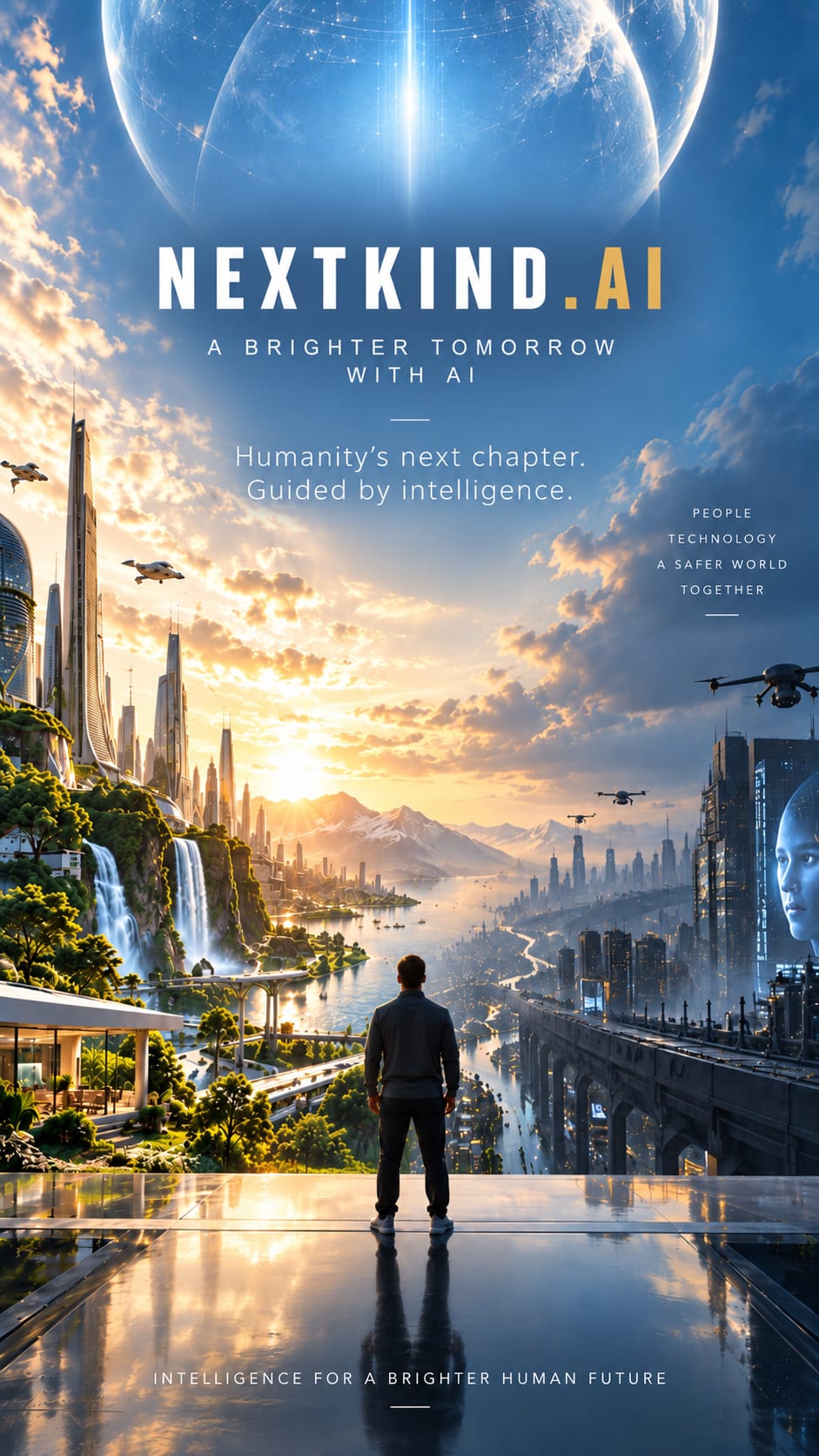 A person looks out over a future city where nature, technology and human life converge beneath a luminous sphere.